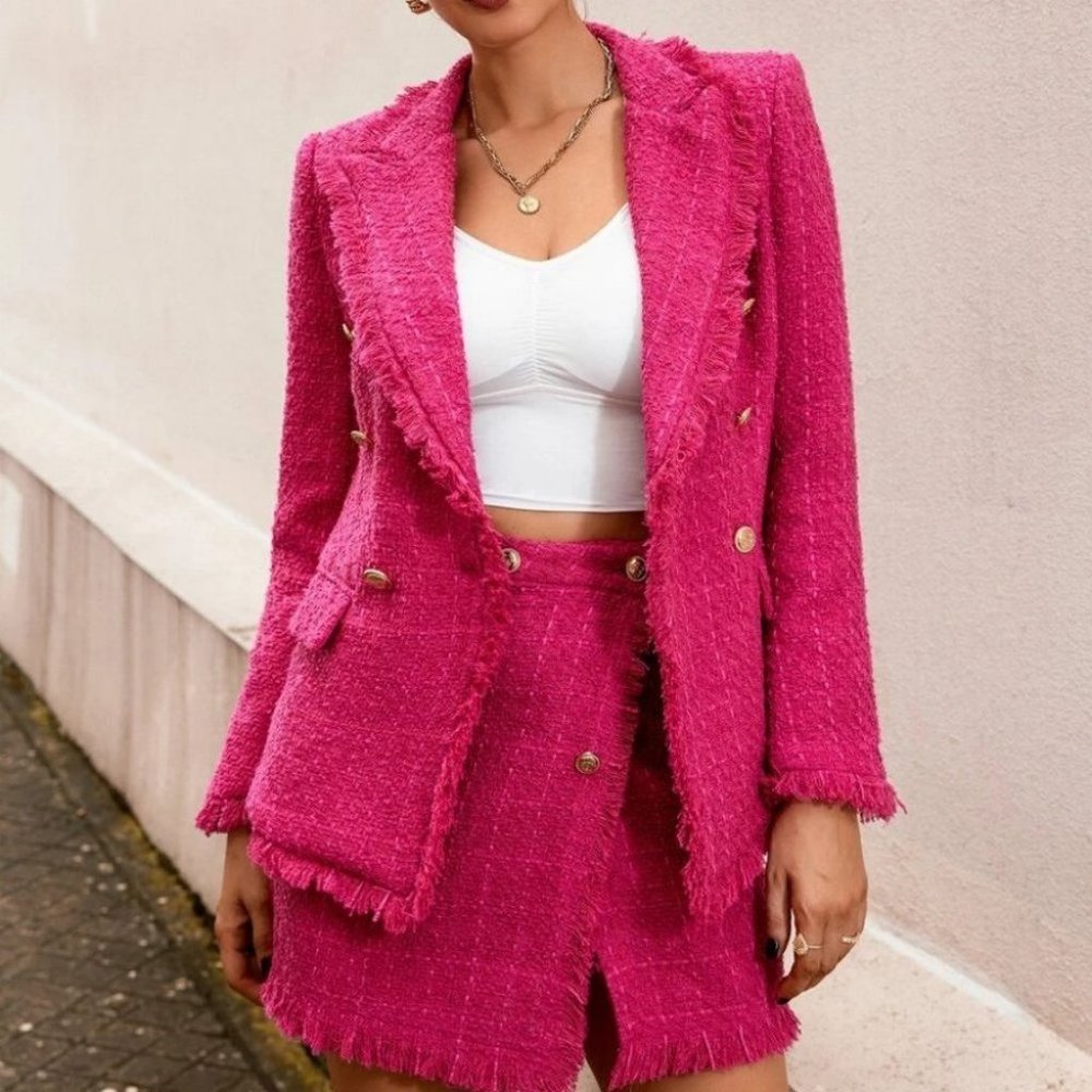 Classy Pink Tweed double breasted raw hem Blazer